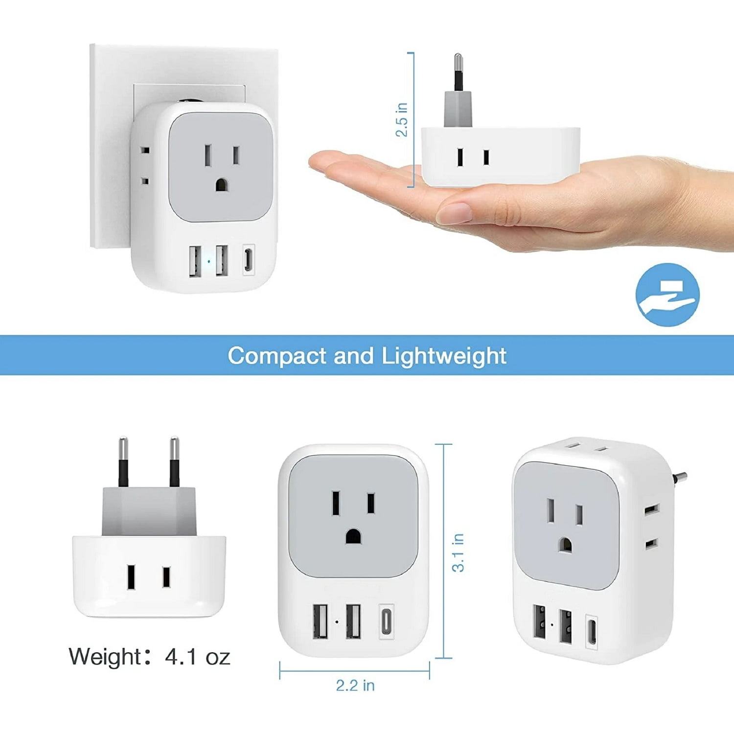 Type C US to EU Travel Plug Adapter with 4 AC Outlets & 3 USB Ports (Incl. USB-C), White