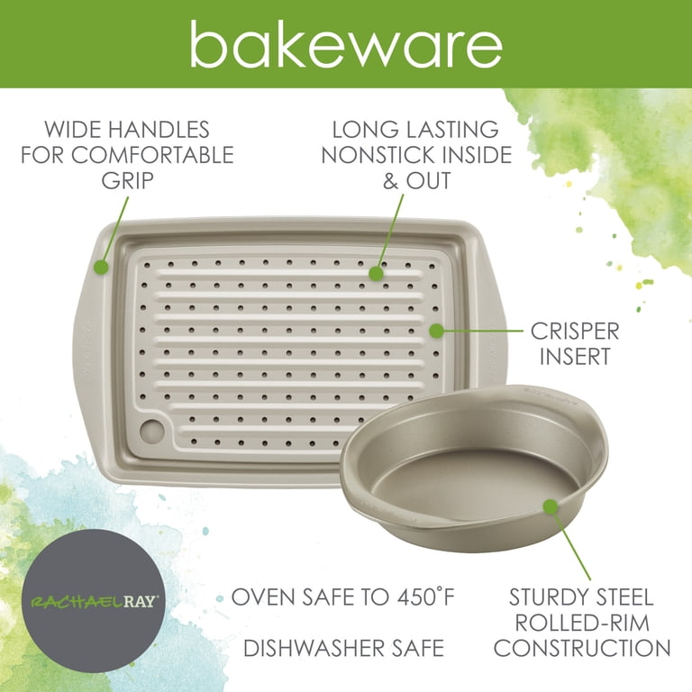 Rachael Ray 3-Piece Nonstick Bakeware Set | Rectangular Cake Pan, 12-Cup Muffin Pan & Lid | Oven Safe To 450°F, Silver