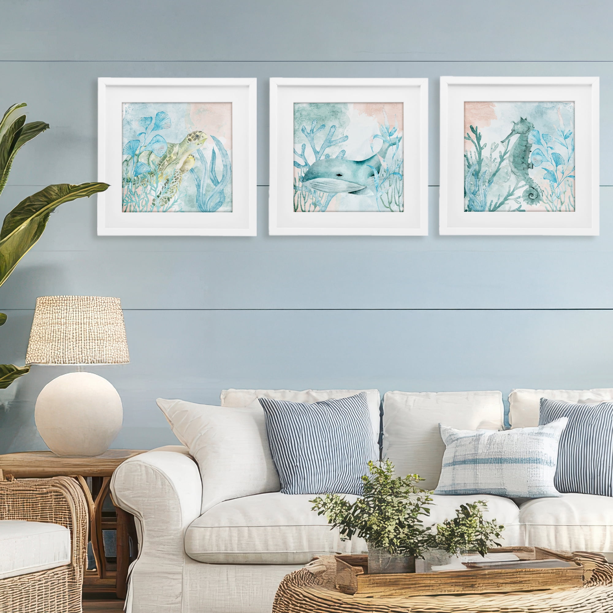 Stupell Industries Aquatic Animals Sea Swim 3 Piece White Framed Print Under Glass Set, design by Kim Allen