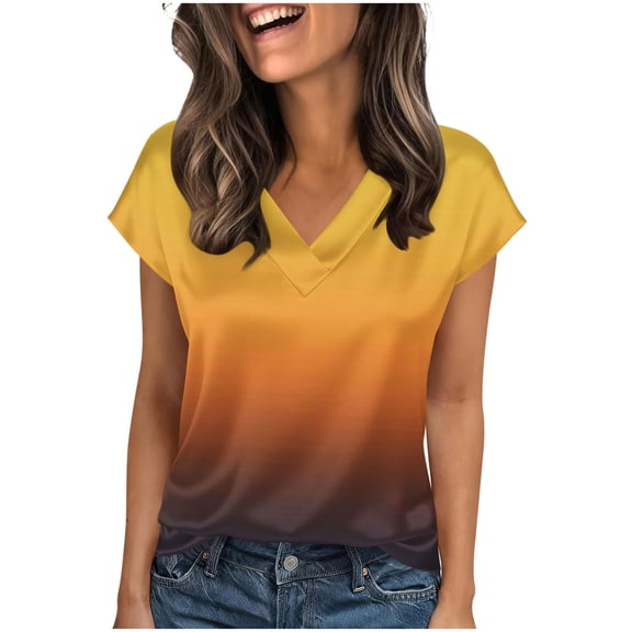 XYAIXT Short Sleeve T-shirt for Women Fashionable Print V Neck Ladies Blouse Summer Tops Casual Loose