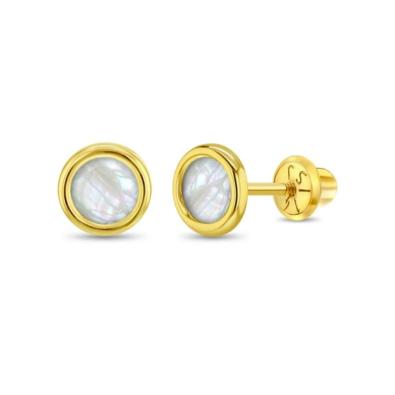 14k Gold Mother of Pearl Bezel Kids / Children's Earrings Safety Screw Back