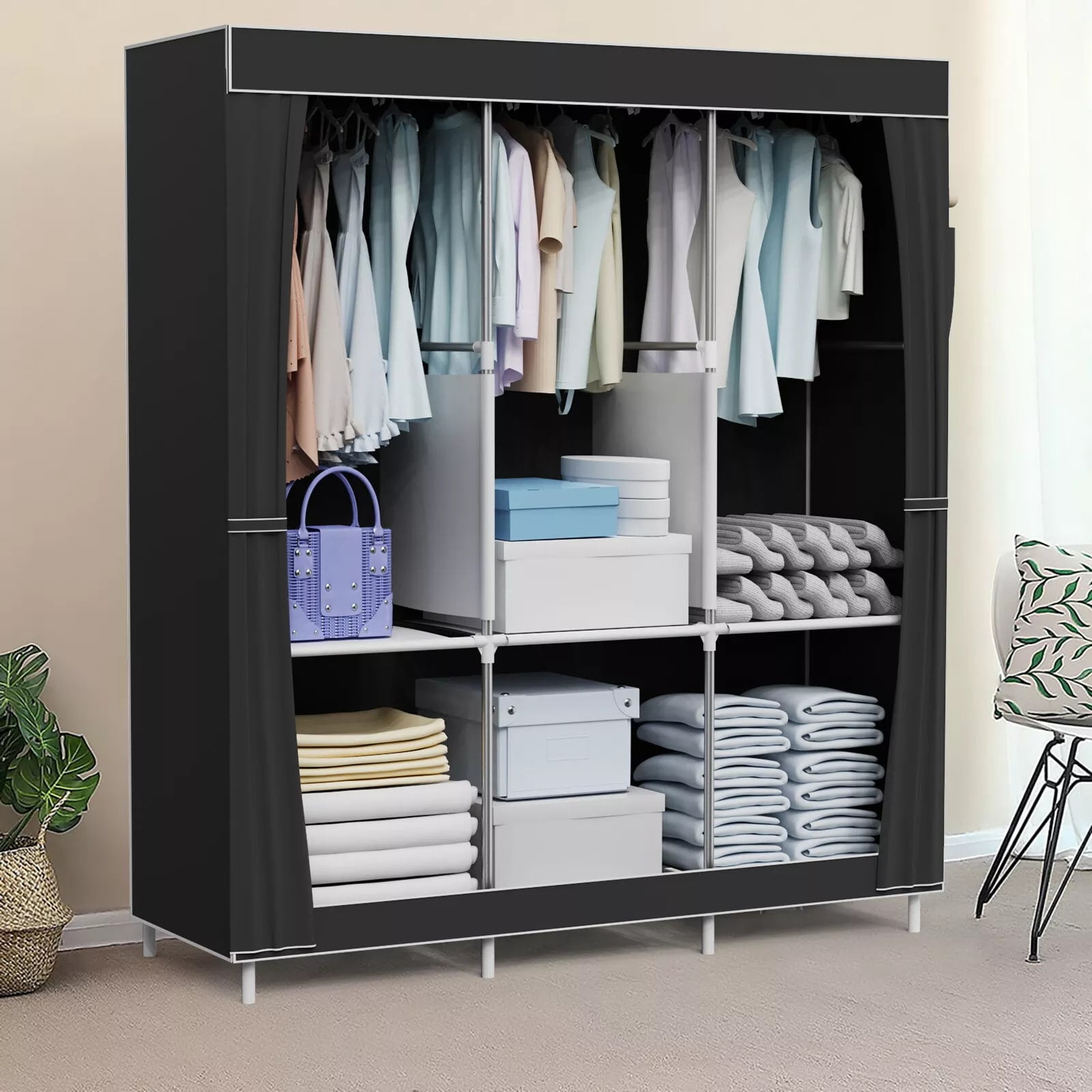 Portable Closet Organizer, Hanging Clothing Rack Shelf, Dustproof Non-woven Fabric Wardrobe Closet Storage, Black