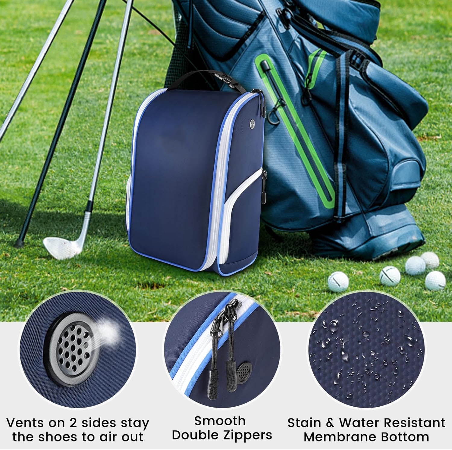 Golf Shoe Bag with 3 Pockets for Socks, Gloves, Tees, Balls, Brush, Designed with a Buckle Top Carry Handle, Zippered Sport Shoe Carrier Bags with Ventilation, Blue