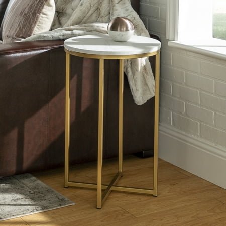 Ember Interiors Modern Glam Round End Table, White Faux Marble/Gold