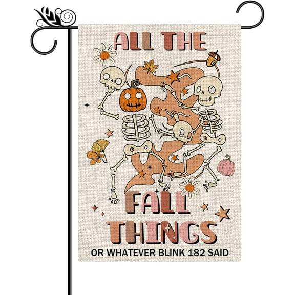 Fall Garden Flag Funny Skeleton Pumpkin Double Sided All The Fall Things Flag Seasonal Autumn Yard Outdoor Decorations