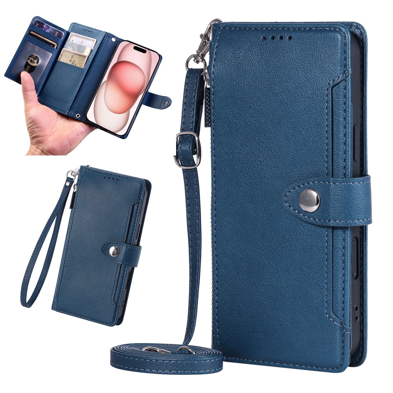 Wallet Case For Samsung Galaxy S24+ Crossbody Phone Case with RFID Blocking Card Holder & Wristlet Strap Magnetic Clasp Flip Kickstand Cover Luxury PU Leather Shockproof Folio Case Darkblue