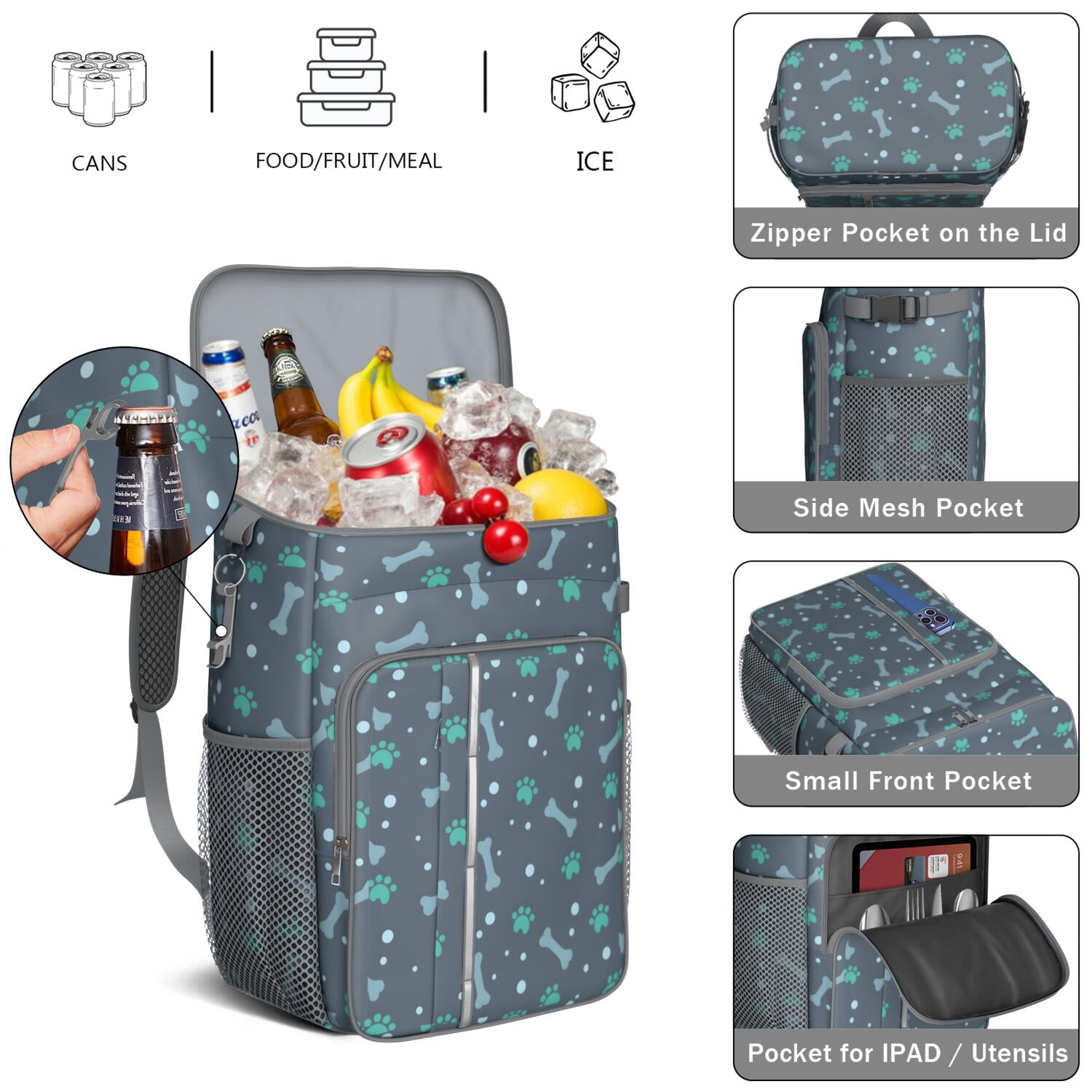 Travel Cooler Bag - Paw Prints and Bones Camping Beer Cooler Backpack with Bottle Opener- Waterproof Insulated Picnic Backpacks - Cooler Bag for Beach
