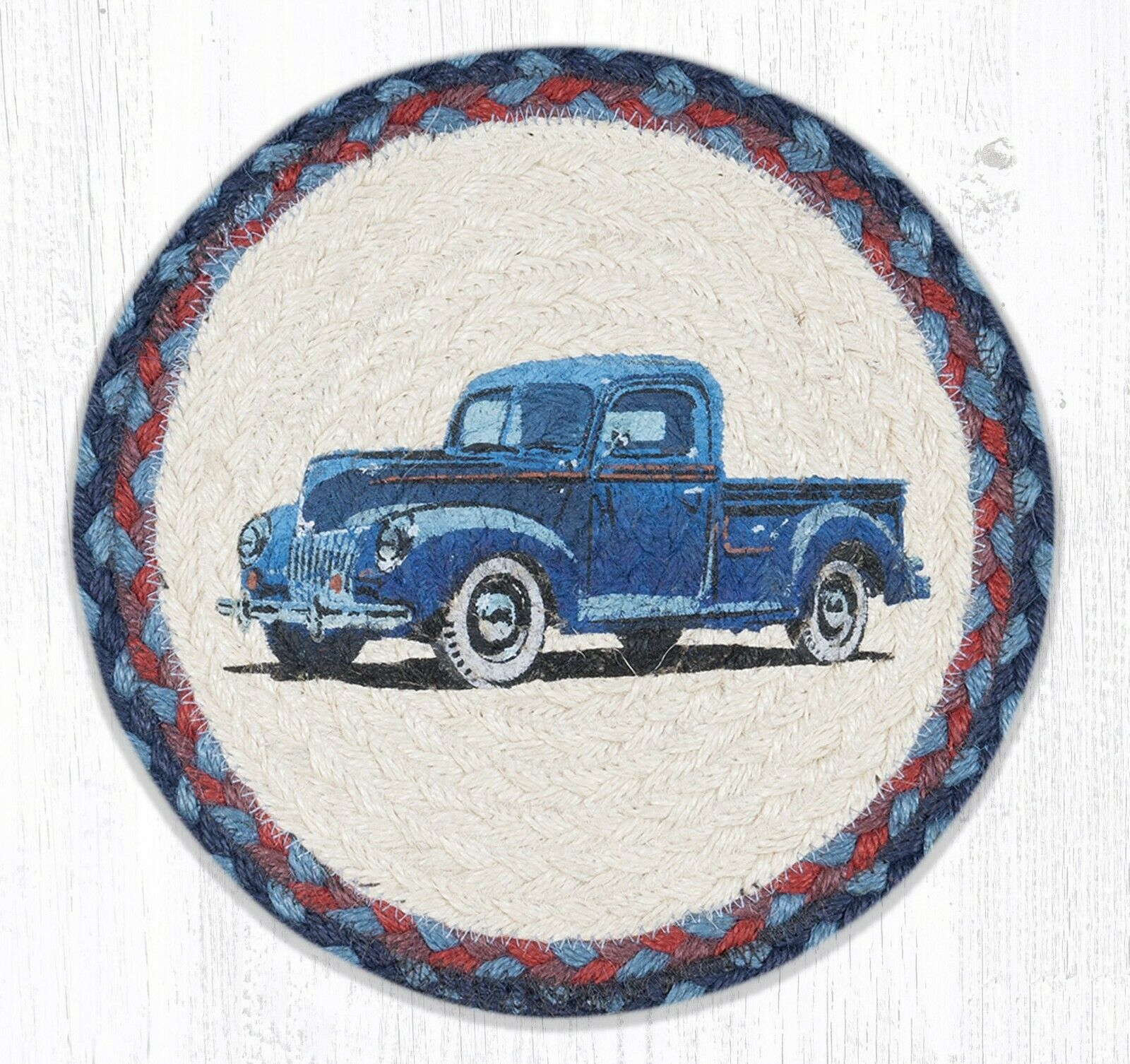 BLUE PICKUP TRUCK 100 Natural Jute Swatch, 10" Trivet/Placemat, by