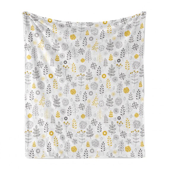 Modern Soft Flannel Fleece Blanket, Nature Wild Forest Leaves Flowers Trees Buds Sketchy Contemporary Art Print, Cozy Plush for Indoor and Outdoor Use, 70" x 90", Grey Mustard White, by Ambesonne
