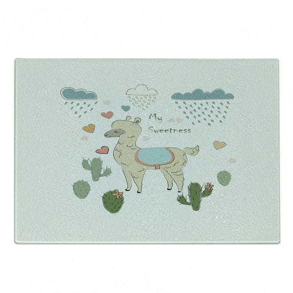Llama Cutting Board, Abstract Alpaca in the Rain Cactuses Brush Strokes Effect Illustration, Decorative Tempered Glass Cutting and Serving Board, Small Size, Multicolor, by Ambesonne