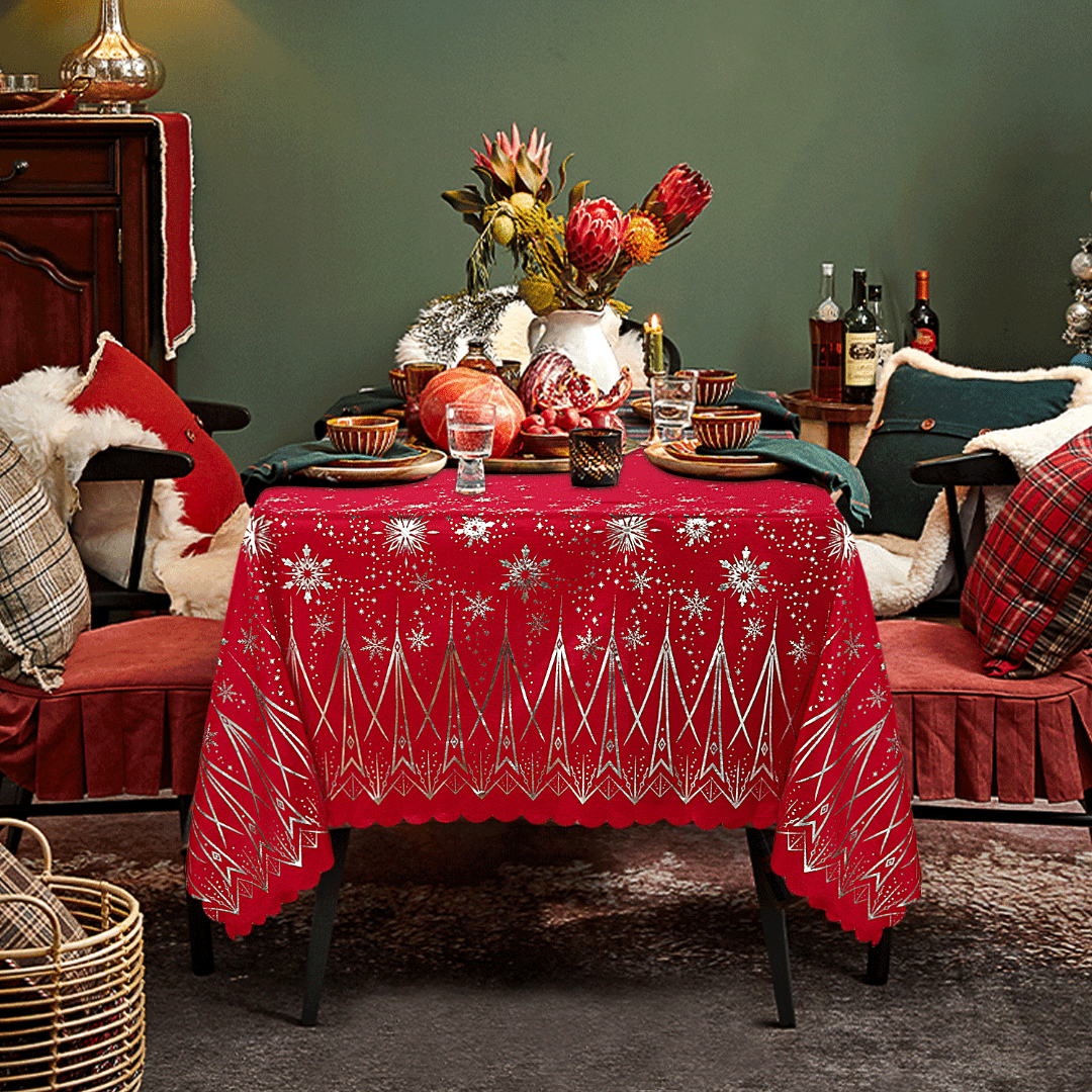 LUSHVIDA Christmas Tablecloths - Rectangle Foil Snowflake and Tree Table Cover Table Cloth Water Resistant Washshable Stain Resistant Decorative Tablecloth for Dining Festival - 60x84 inch 1 Pc