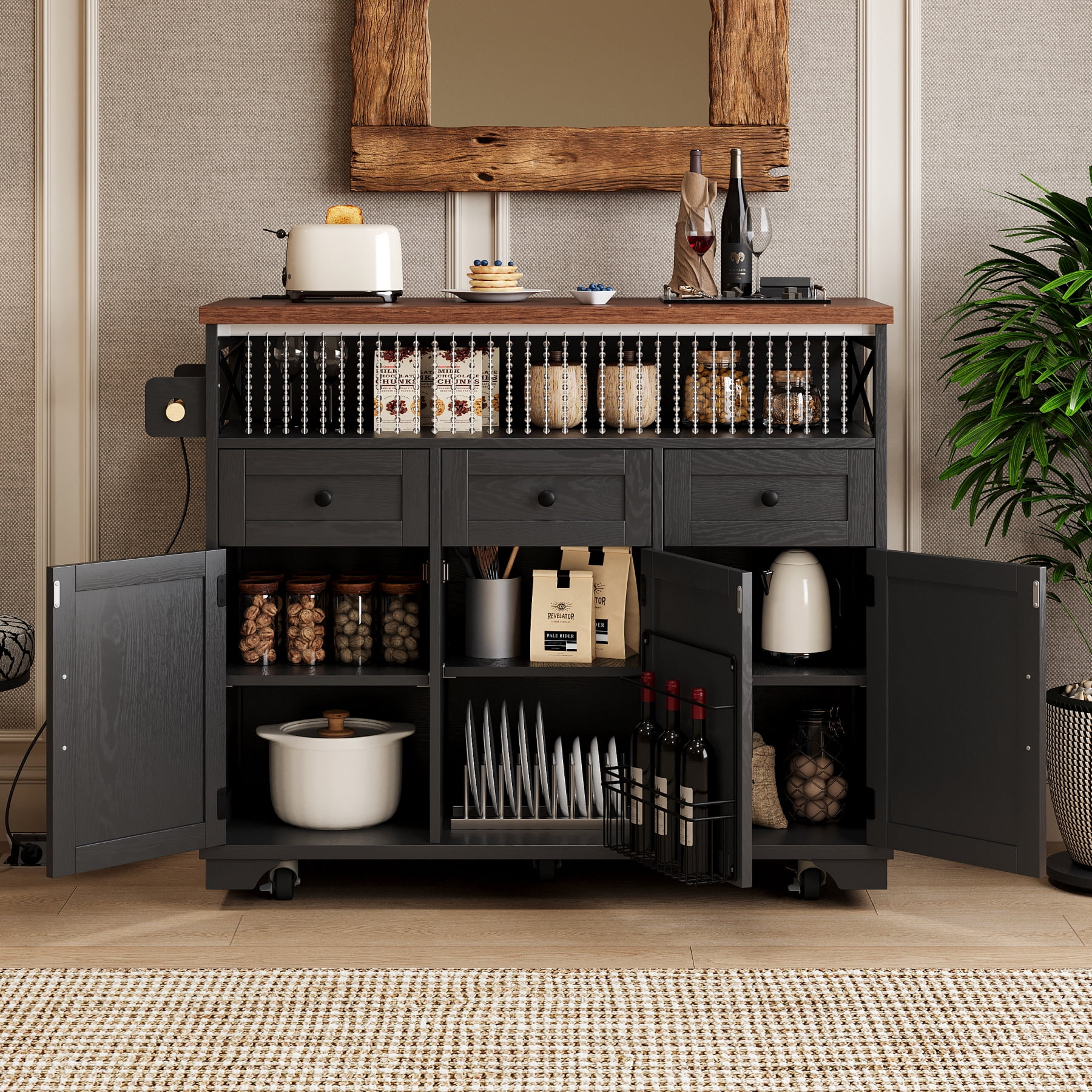 Harper & Bright Designs Farmhouse Kitchen Island with Drop Leaf and Wheels, Kitchen Storage Cart with Drawers and Internal Iron Shelf, Rolling Kitchen Island with Power Outlet, Black