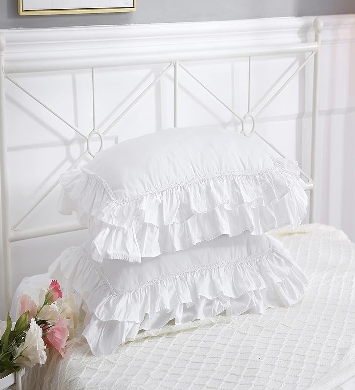 2-Pack Bright White Pillow Shams Pillowcases with Lace and Ruffles Cotton Standard Twin Size 20"X26" Shabby Chic