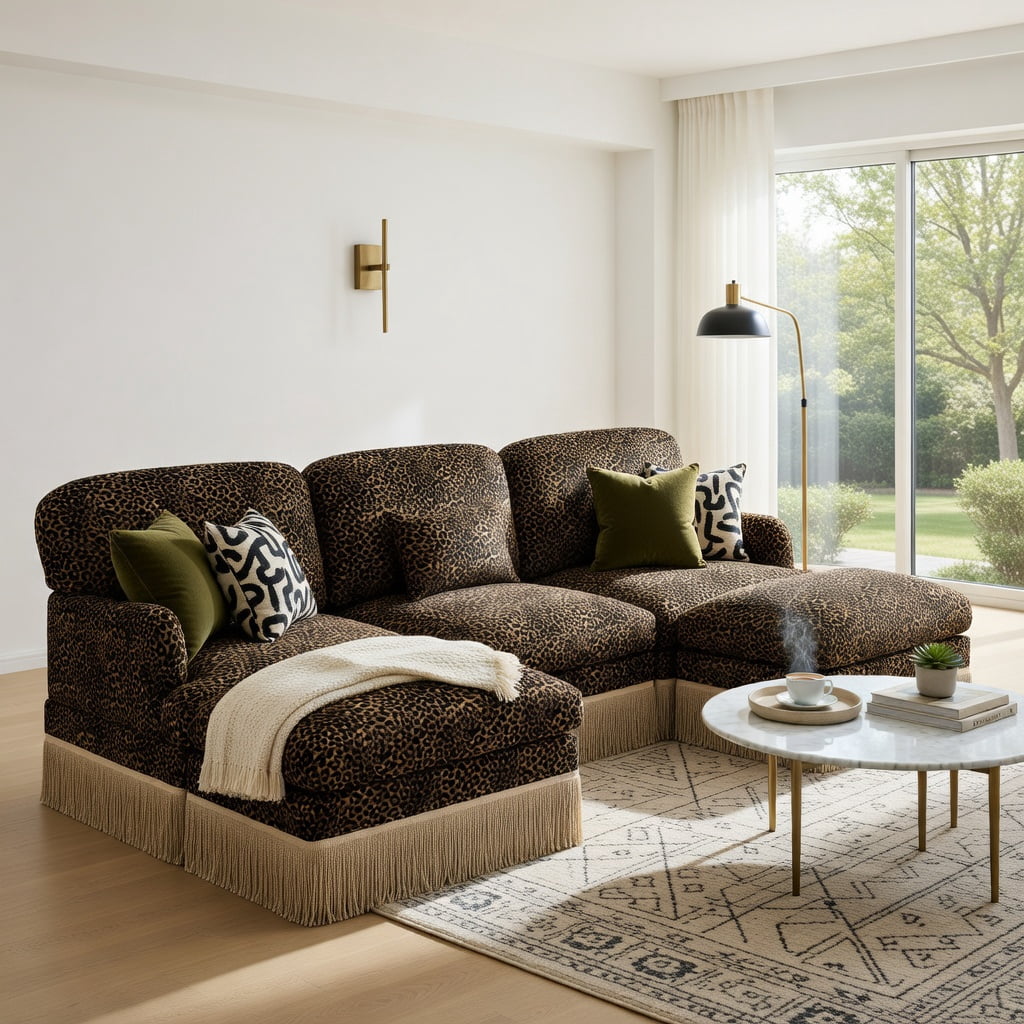 Hommoo 131" U-Shaped Chenille Sofa Set with Leopard Print, Movable Ottomans, Tassel Trim & Ergonomic Deep Seat, Modern Living Room Sectional, Brown