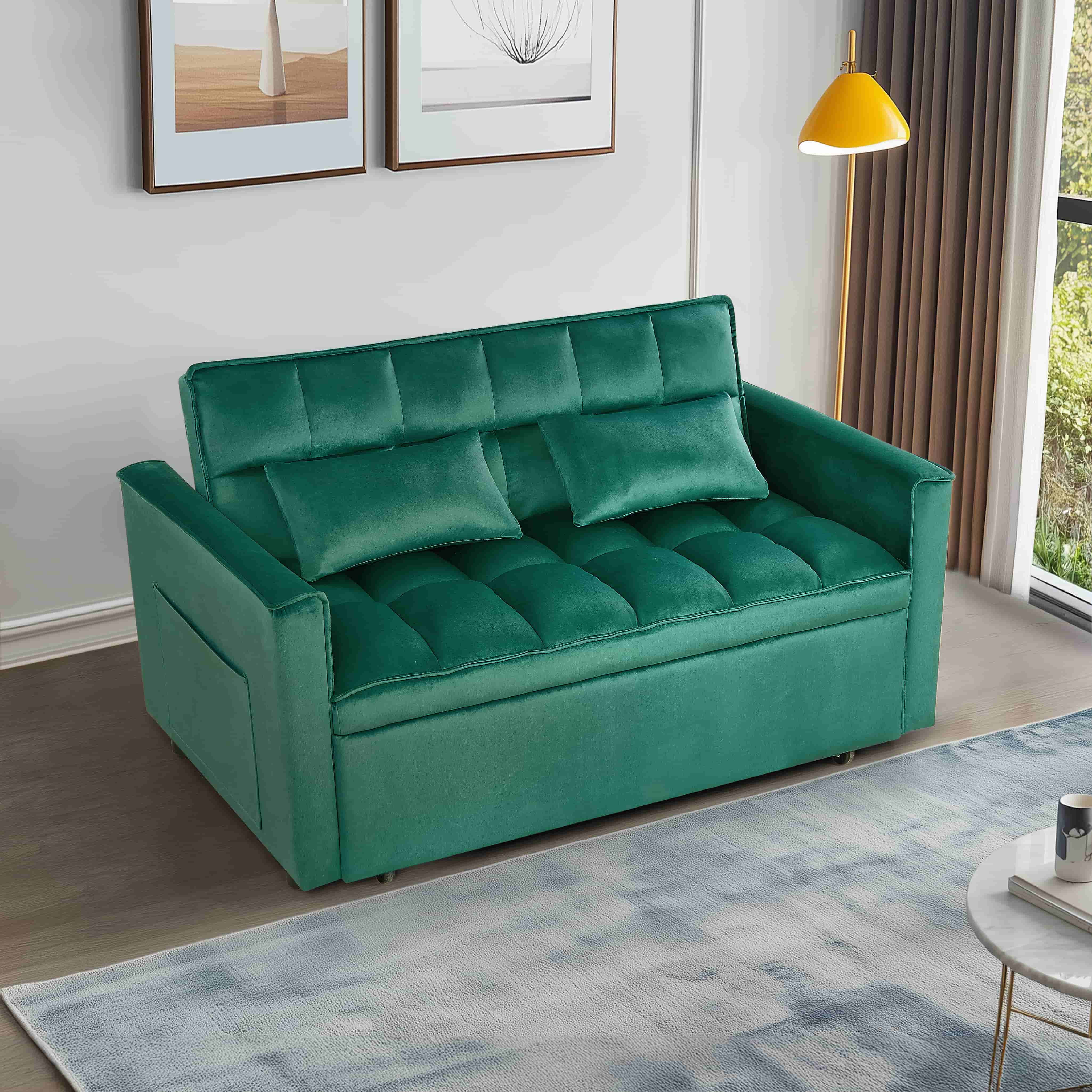 BSHTI 54-inch Pull-out Sleeper Sofa Bed, Velvet Upholstery, Solid Wood Frame, 3-Angle Adjustable Backrest, Storage Side Pocket, Twin-Size Bed, Green