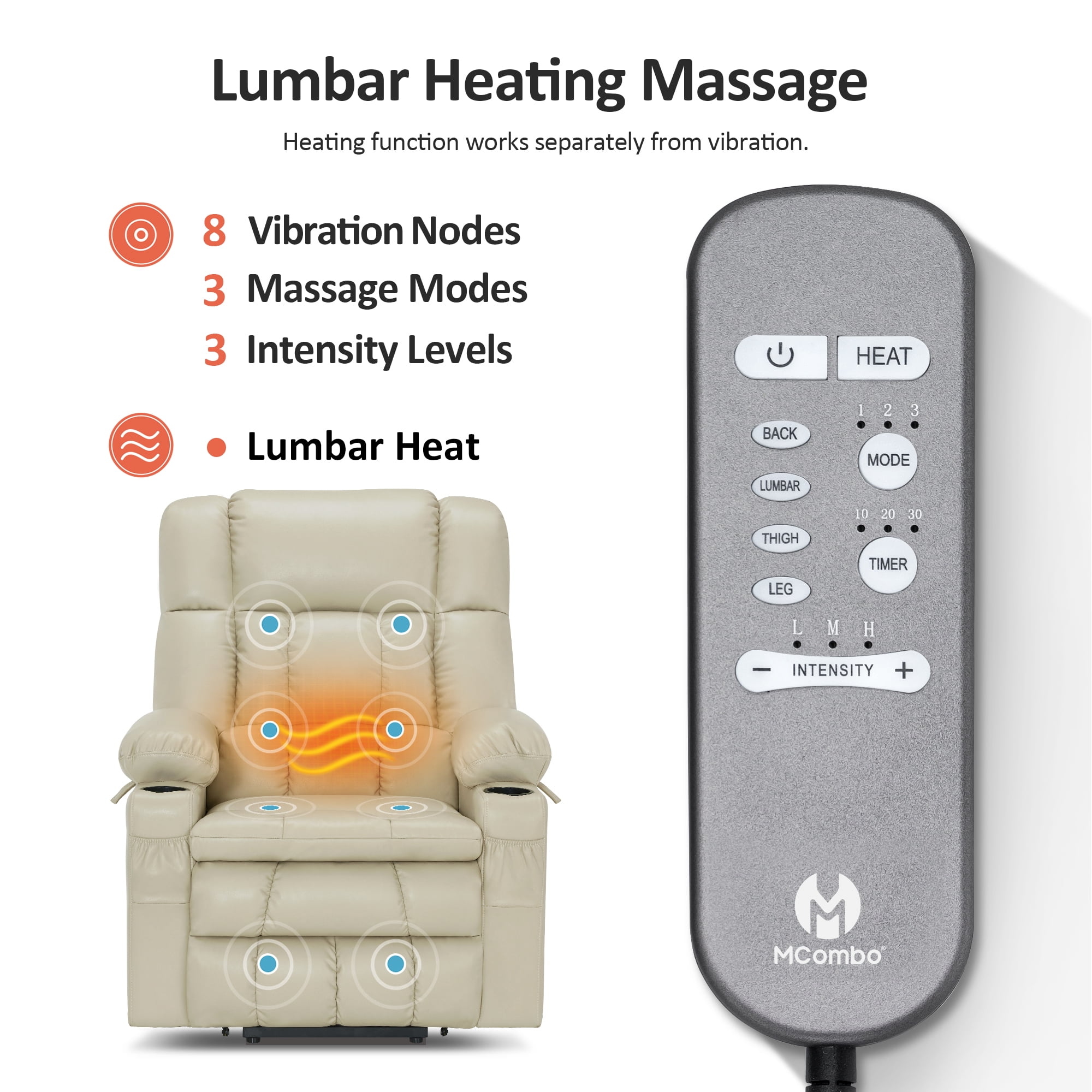 MCombo Large Lay Flat Dual Motor Power Lift Recliner for Big and Tall Elderly, Faux Leather(Cream White)