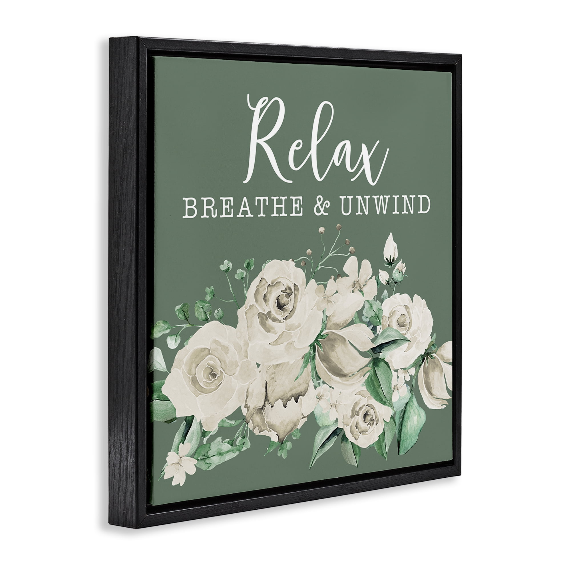 Stupell Industries Breathe & Unwind with Florals Bath & Laundry Painting Black Floater Framed Canvas Art Print Wall Art, 18 x 18