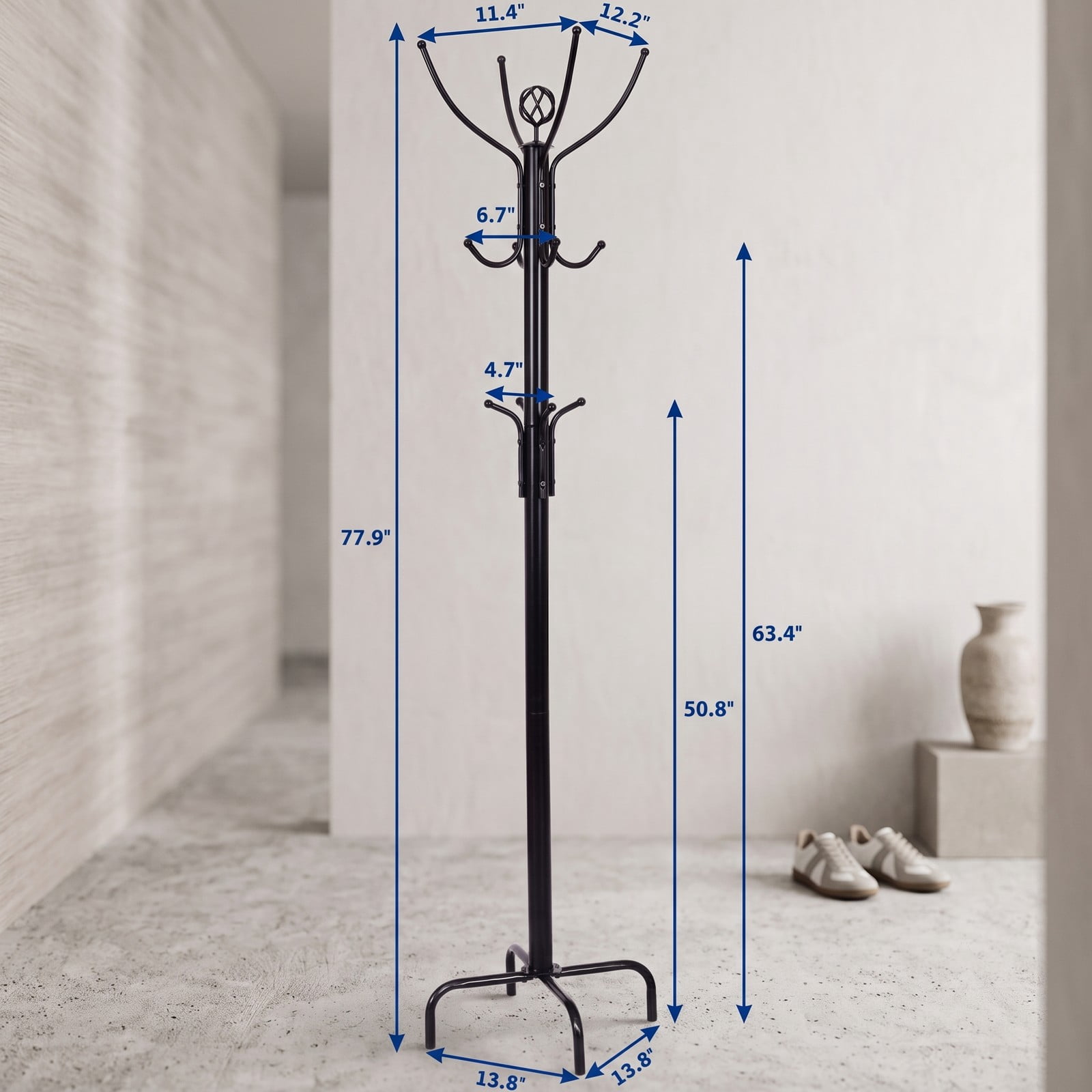 Furnibear Freestanding Metal Coat and Hat Rack Stand with 12 Hooks and Three-Tier Design for Entryway Hallway and Bedroom, Black