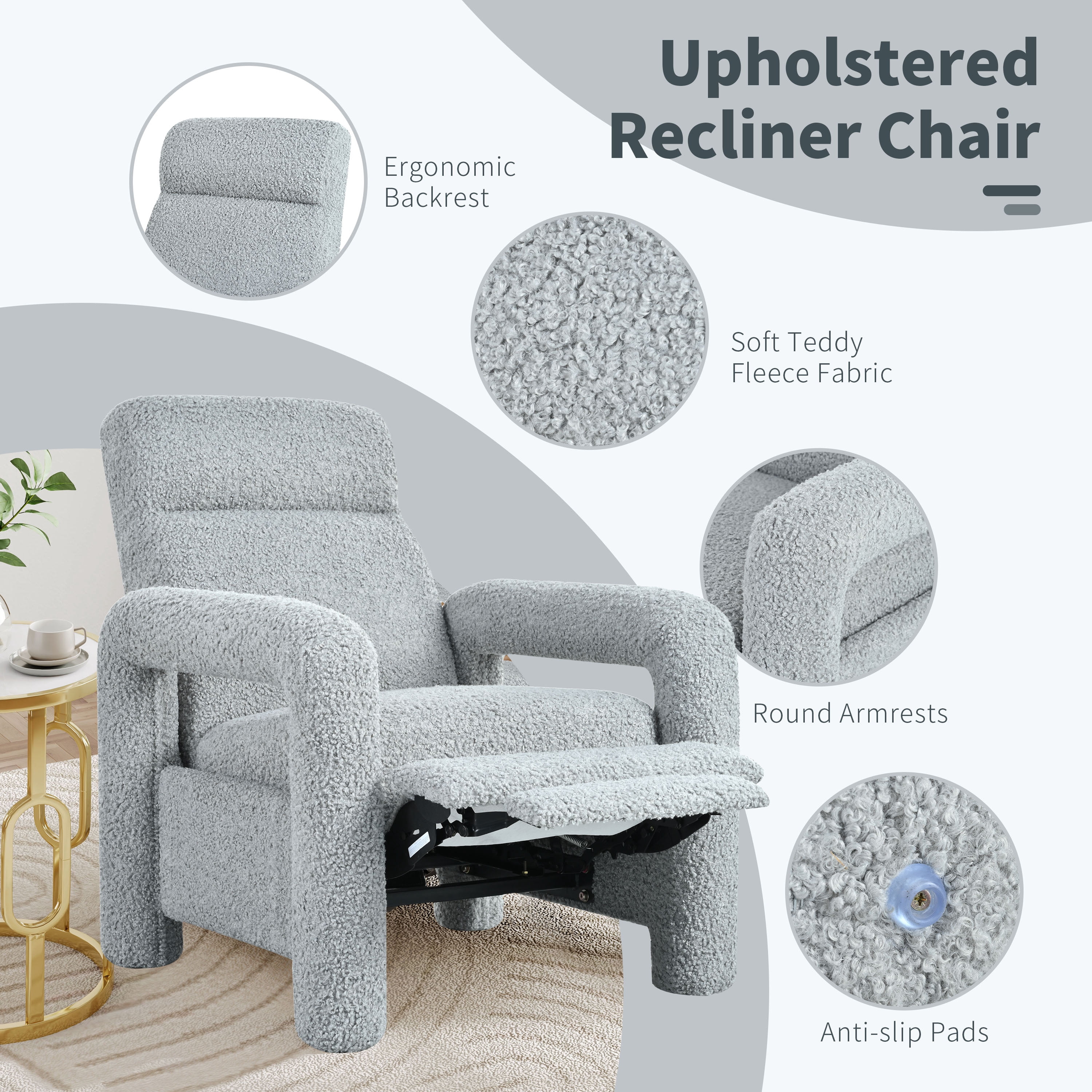 Euroco Teddy Fleece Push Back Recliner Chair, 3-Position Adjustable Armchair with Anti-Slip Legs & Ergonomic Design – Plush Accent Chair
