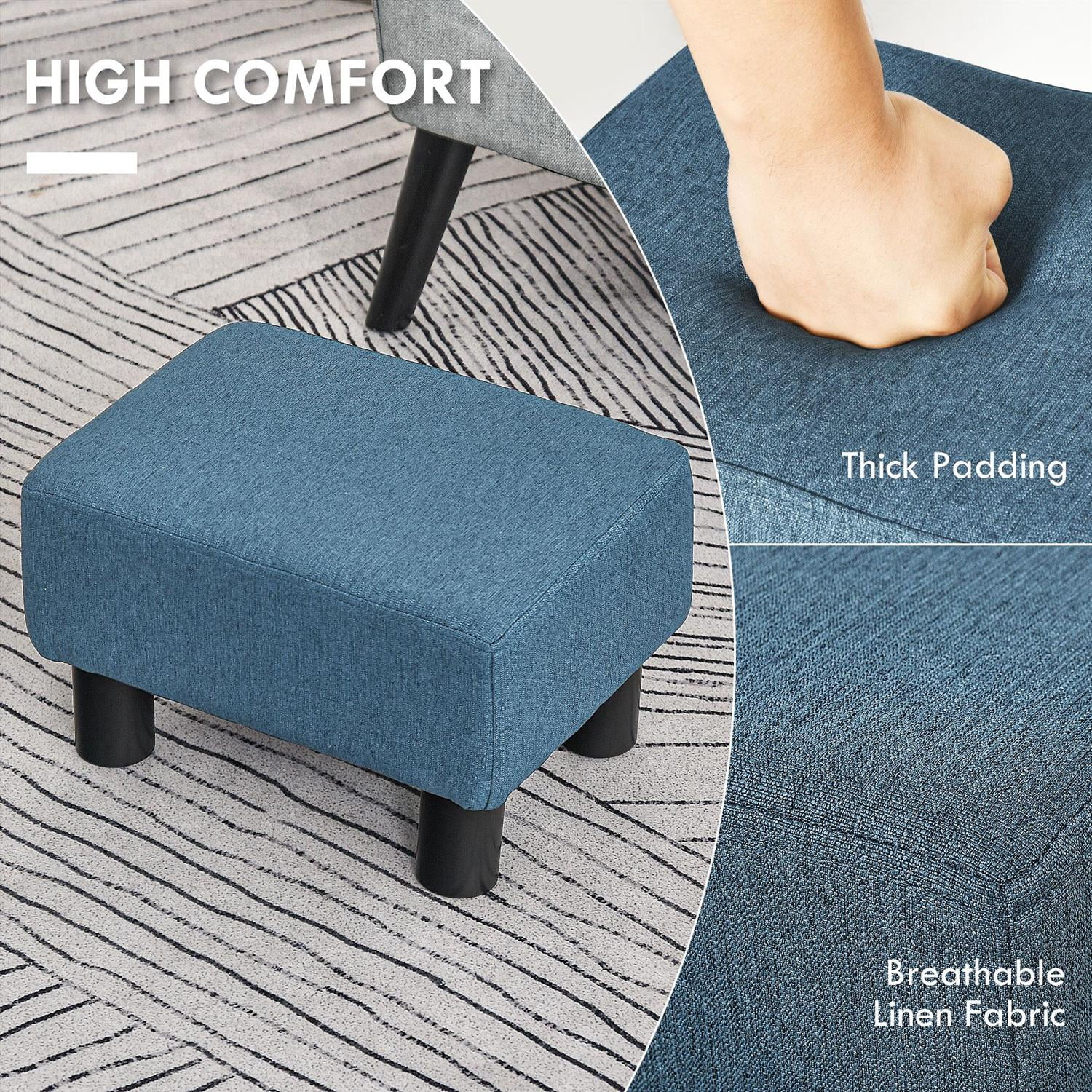 Demi Bonn 15" Compact Ottoman Footrest, Linen Fabric & Plastic Legs Stool, Living Room Cube Footstool, Blue
