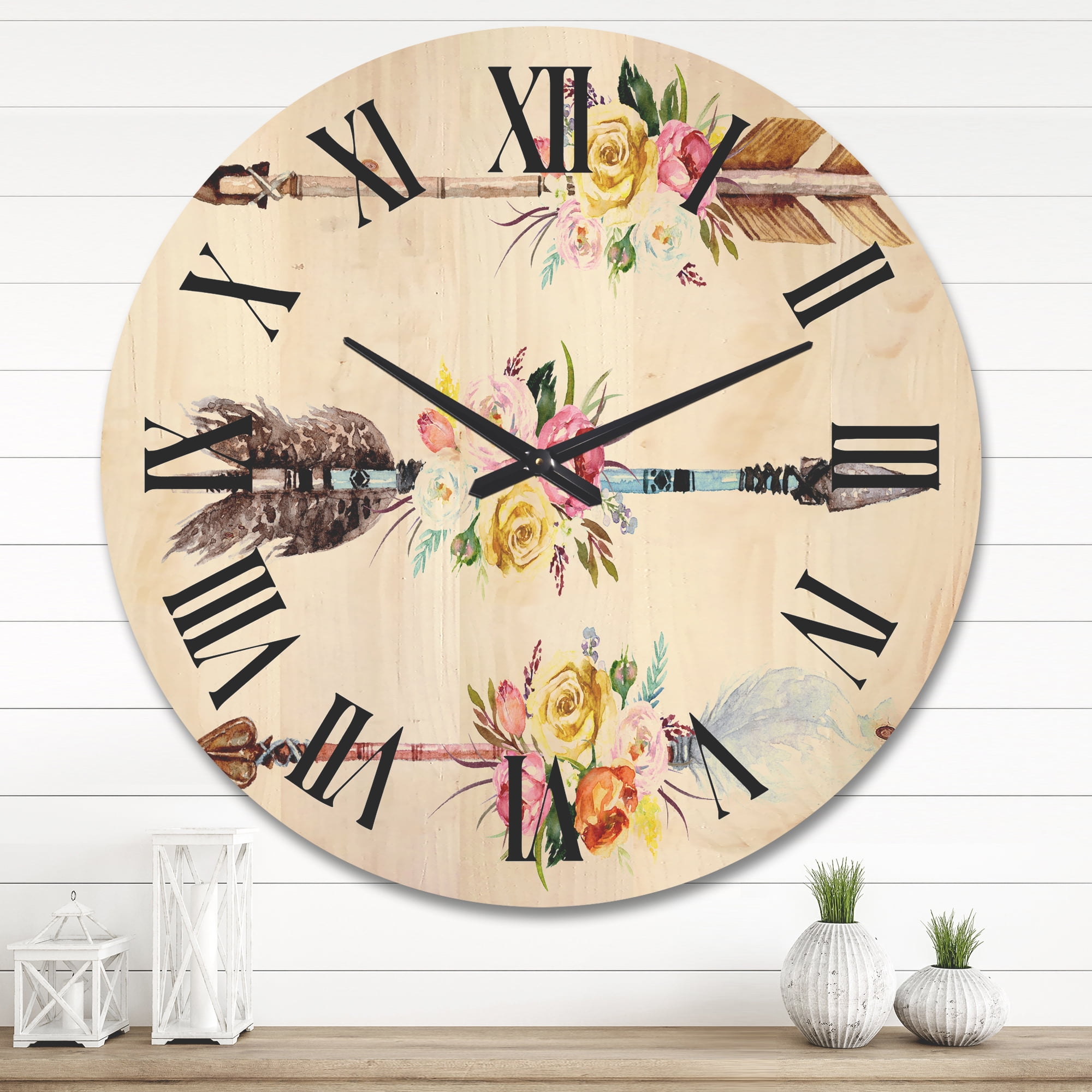 Designart 'Flowers and Ethnic Feathers On Native Arrows II' Bohemian & Eclectic Wood Wall Clock