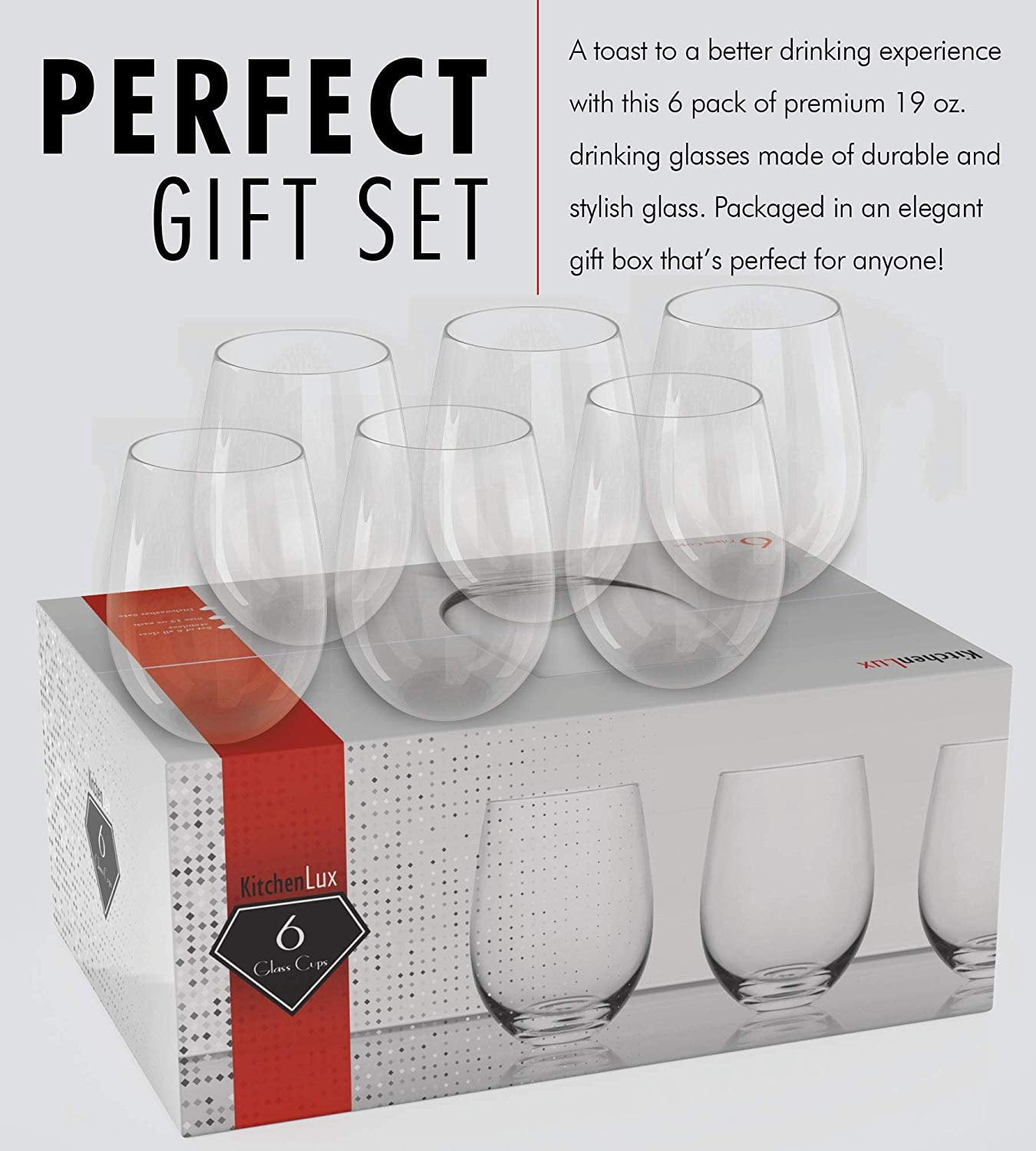 18 oz,Set of 6 Classic Stemless Wine Glasses Sleek Modern Drinking Tumbler 