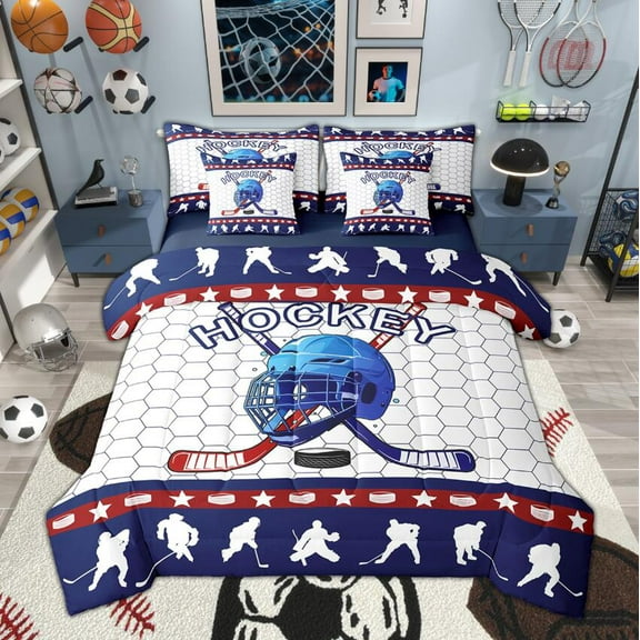 Manfei Ice Hockey Boy Twin Bedding Sets 7-Piece, Teens Sports Theme Bedding Comforter Set, Geometric Honeycomb Sheet Sets, Ultra Soft Room Decor