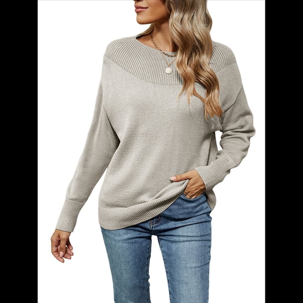 Suéteres Casuales de Larga para Mujer, Suéteres Sueltos de Punto Liso, Suéteres Tipo Jersey, Tops. Gris S