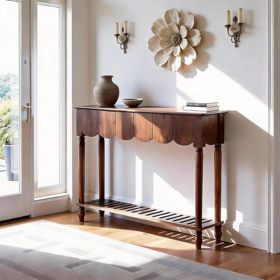 Wood Scalloped Console Table with 2 PCS Drawers, Narrow Entryway Table with Storage Shelf, Mid-Century Hallway Accent Table, Behind Couch Sofa Table for Living Room (33" - 2 Drawers)