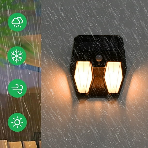 Lámpara solar de pared para exteriores con sensor de movimiento, LED blanco cálido, resistente al agua IP65, material ABS ignífugo negro para jardín, patio, cerca (1 unidad)