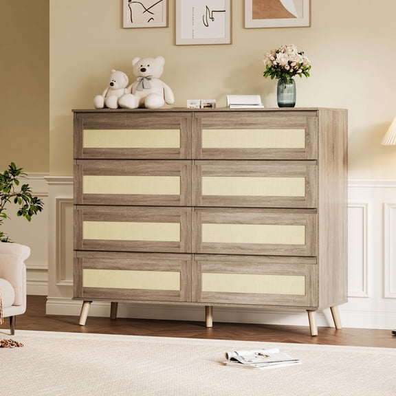 Studyset Rattan Dresser for Bedroom with 8 Drawers,47.2" Wide Modern Closet Dressers Chest of Drawers,Wooden Double Dresser TV Stand with Wood Legs,Double Dresser Storage Closet for Bedroom