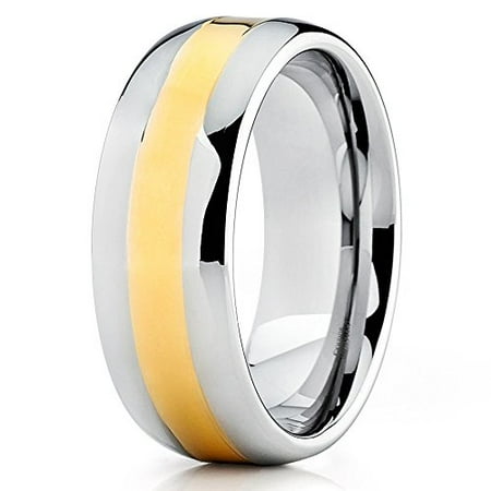- Tungsten Wedding Band 18K Yellow Gold Tungsten Ring Polished Silver Tungsten Carbide Dome 8mm Comfort Fit Men Women