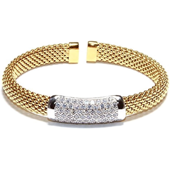Gold over Sterling Silver Cubic Zirconia Bar Faceted Flexible Diamond-Cut Mesh Cuff Bracelet 6.25"