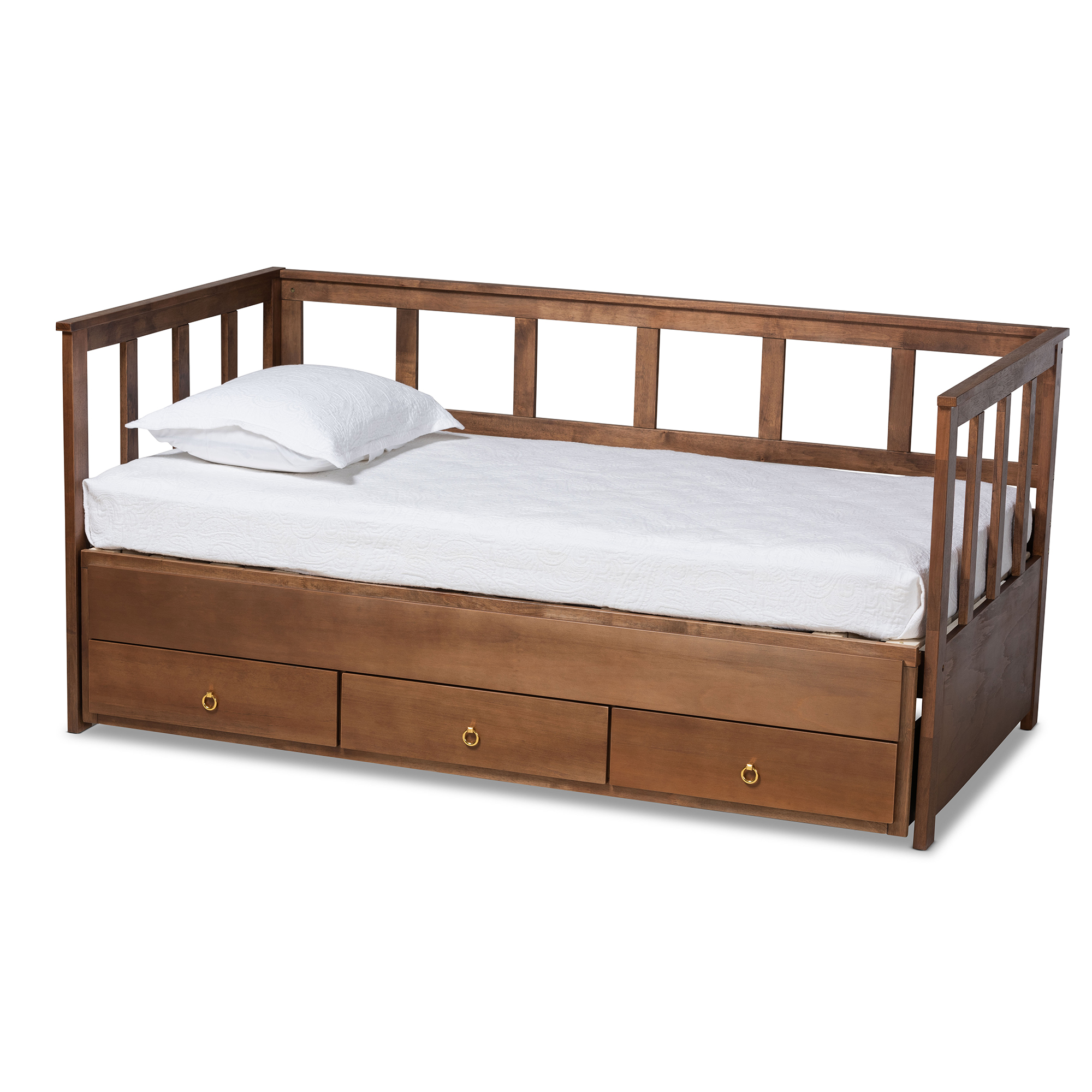 Baxton Studio Kendra Modern and Contemporary Walnut Brown Finished Expandable Twin to King Daybed with Storage Drawers, Walnut/Gold