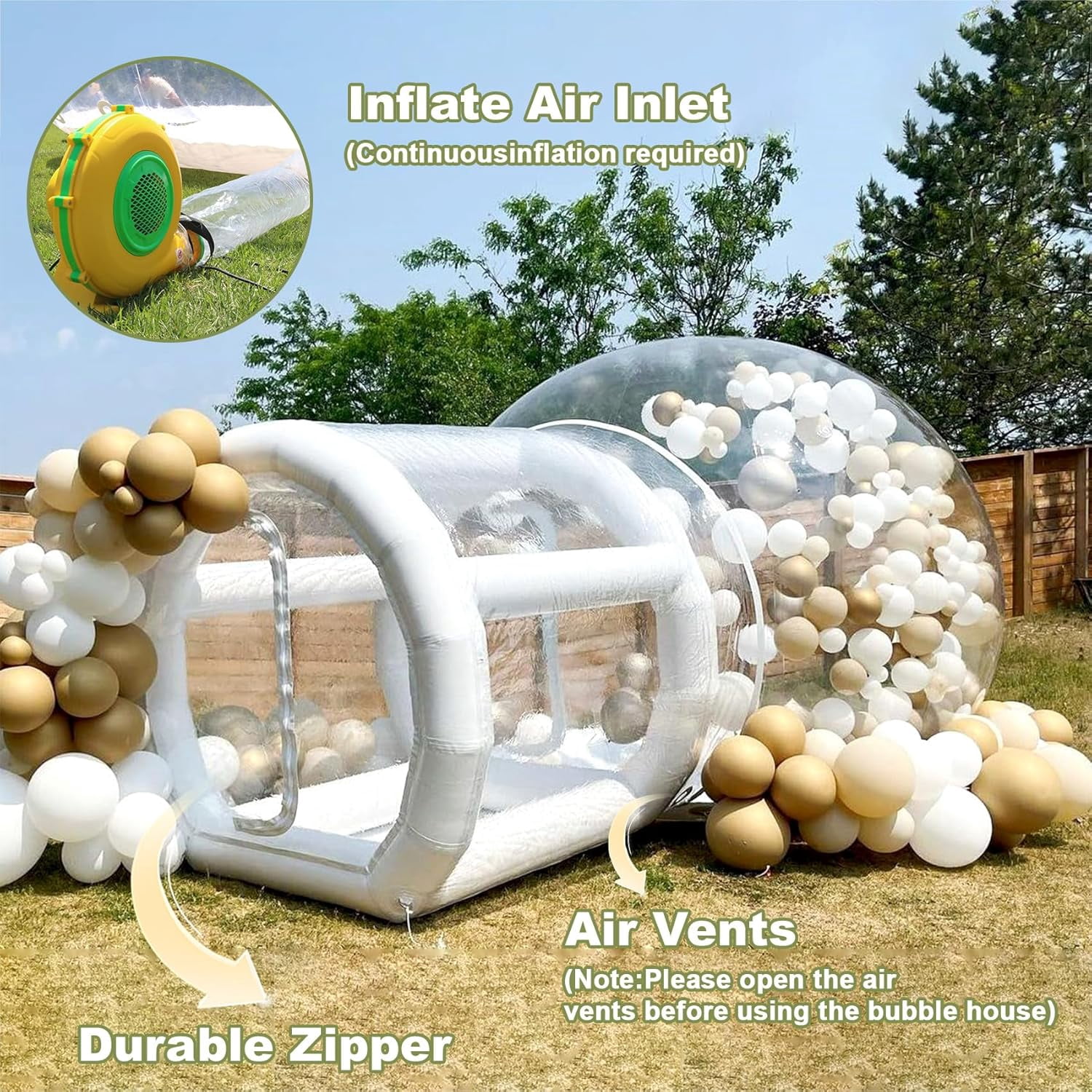OFFMUST 10ft Inflatable Bubble House Tent with Blower & Air Pump, Hybrid PVC & TPU Crystal Clear Dome for Balloons, 360° Panoramic View Inflatable Tent for Weddings, Gender Reveals & Photography