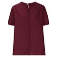 thumbnail image 3 of Fesfesfes Women's Linen T-shirt Featuring Ruffled V-neckline Front Placket Short Puff Sleeves Tee Solid Color Summer Loose Breathable Tops(Wine,XL), 3 of 5