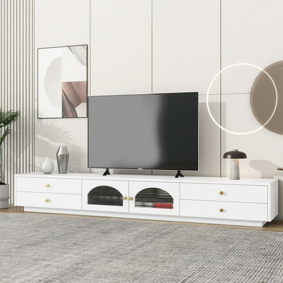 ON-TREND 86.6" White TV Stand with Fluted Glass Doors & 4 Drawers | Elegant Media Console for TVs up to 95" | Tempered Glass Shelf | Durable Particle Board | Living Room Furniture