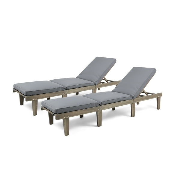 Alisa Outdoor Acacia Wood Chaise Lounge with Cushions, Set of 2, Dark Gray