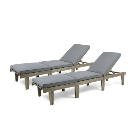 Recycled Plastic Wood Lounge Alisa Outdoor Acacia Wood Chaise Lounge with Cushions, Set of 2, Grey and Dark Grey ()