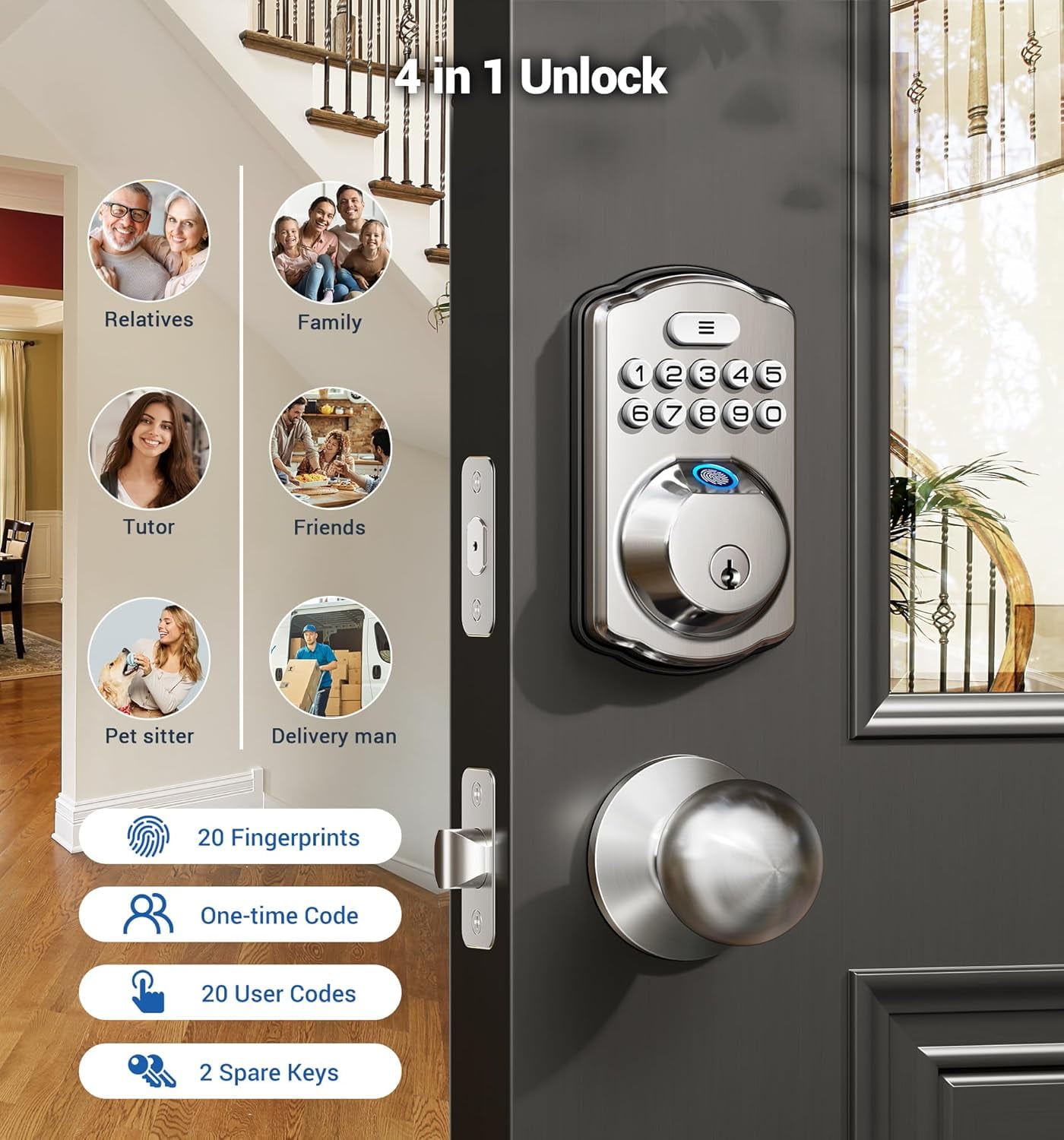 Veise Fingerprint Door Lock with 2 Knobs, Keyless Entry Door Lock with Knob, Electronic Keypad Deadbolt, Waterproof, Easy Installation, Satin Nickel