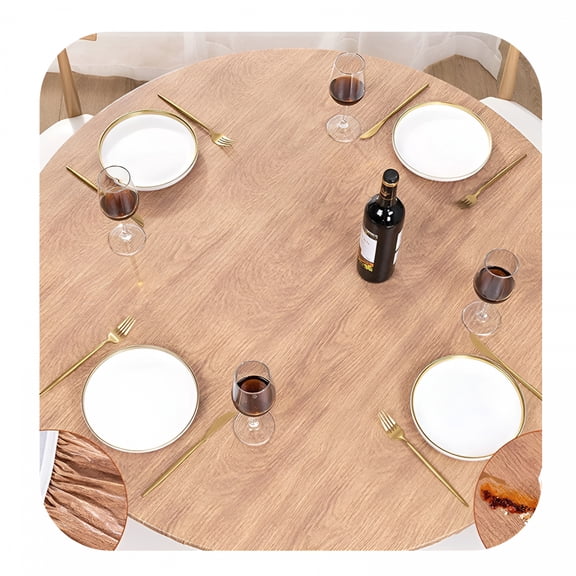 AUQ Round Fitted Vinyl Tablecloth with Elastic Edged & Flannel Backing,Fits Tables Up to 45"-56" Diameter (Wood)