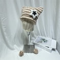 thumbnail image 3 of Seyurigaoka Women Girls Handmade Knitted Crochet Hat Cute Stars Decor Stripe Contrast Color Cat Ear Bobbles Devil Hat Autumn Winter Warm Beanie, 3 of 5