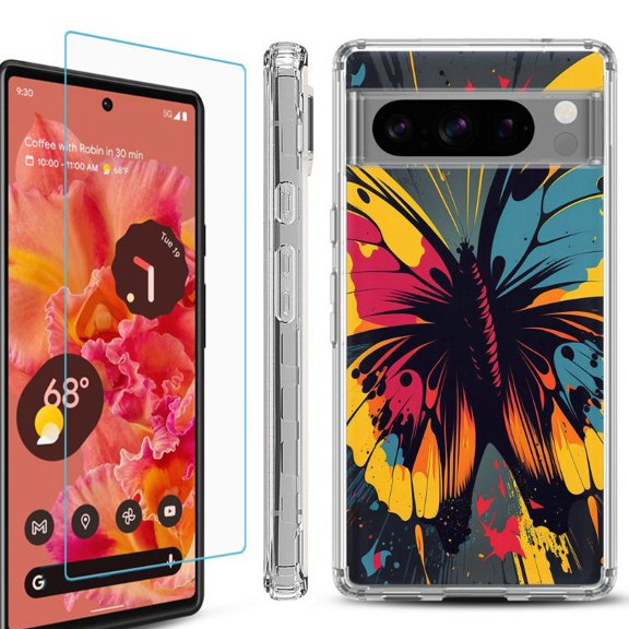 OneToughShield ® Compatible with Google Pixel 8 Pro, Shockproof Phone Case, with Tempered Glass Screen Protector - Abstract Butterfly