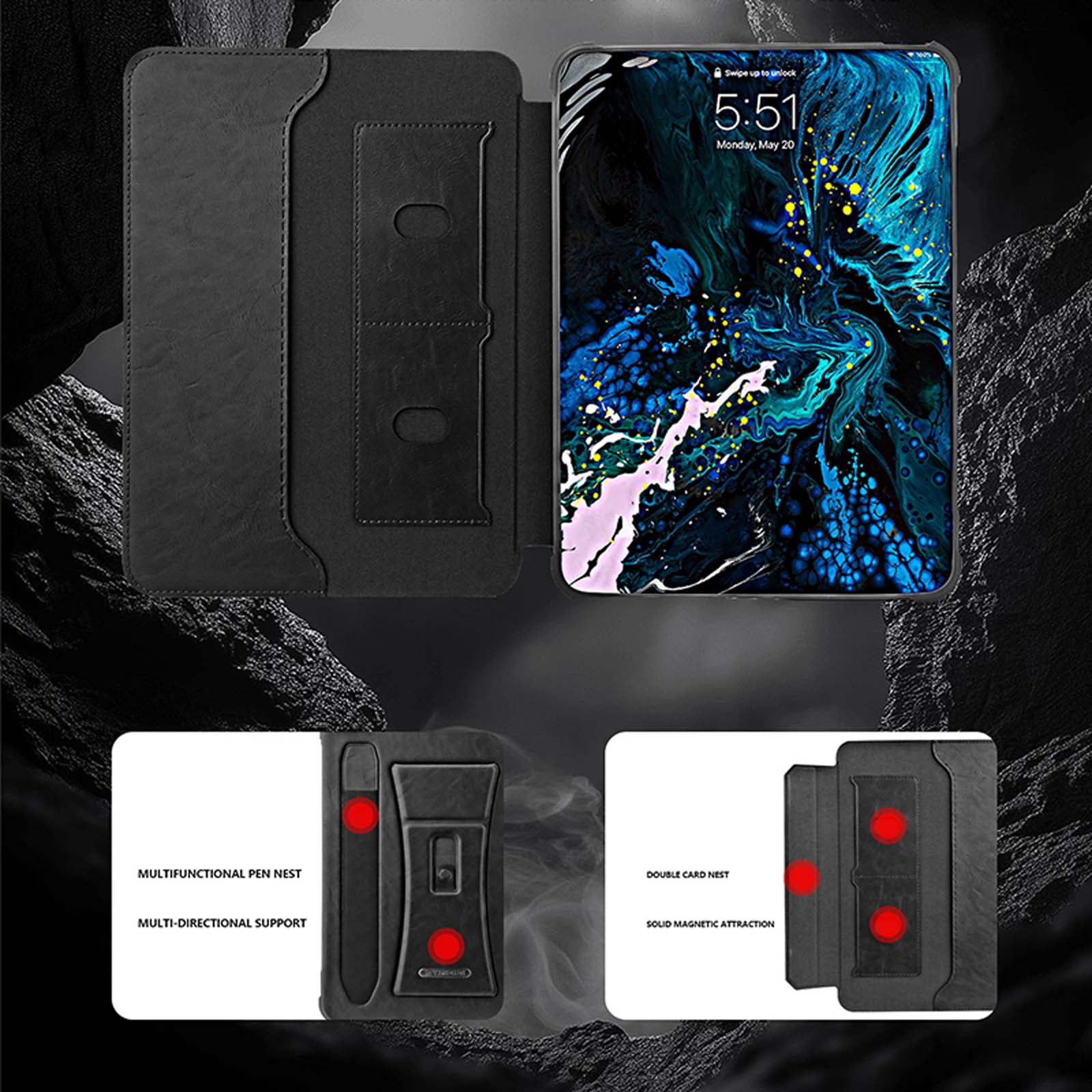 ELEHOLD Premium Leather Tablet Case For iPad Air 11-inch M3 (2025) / M2 (2024), Stand Folio Cover Wallet Pouch Kickstand Auto Sleep/Wake Case with Pencil Holder For Apple iPad Air 11,Black