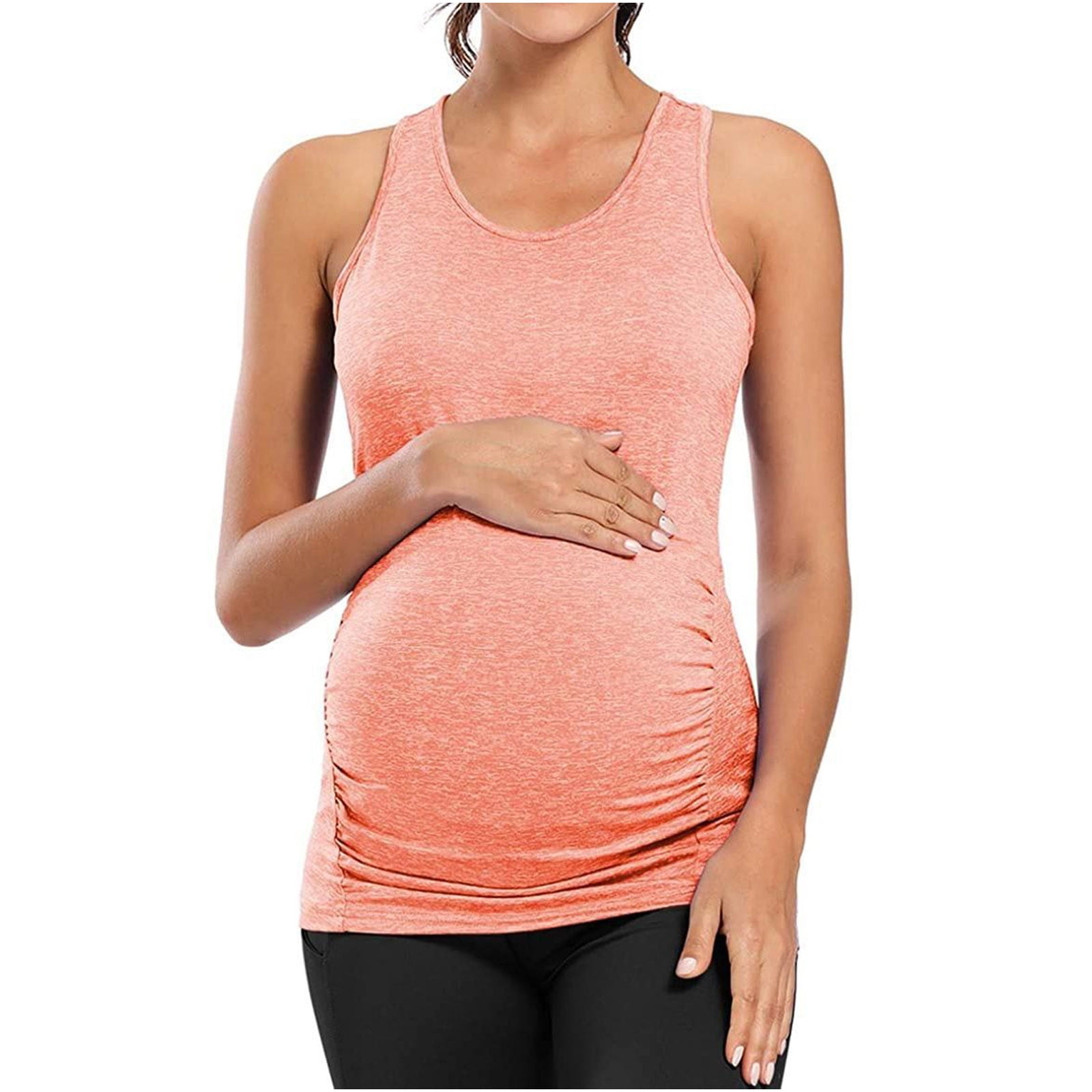 Ecavus Women's Maternity Tank Top Basic Scoop Neck Sleeveless Pregnancy T-Shirt Side Ruched Vest 