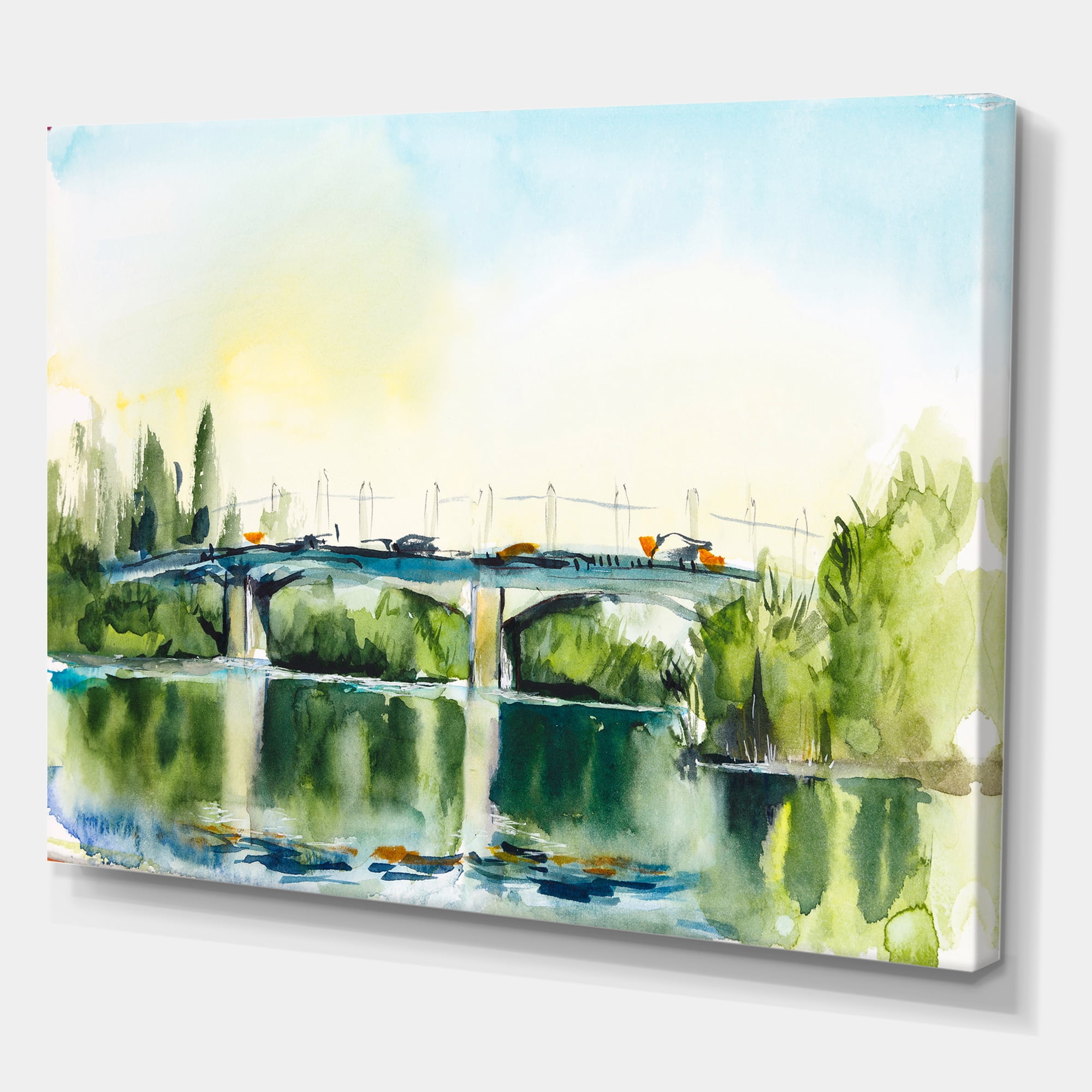 Designart ' Landscape With Old Bridge Over River In The Countryside ' Traditional Canvas Wall Art Print
