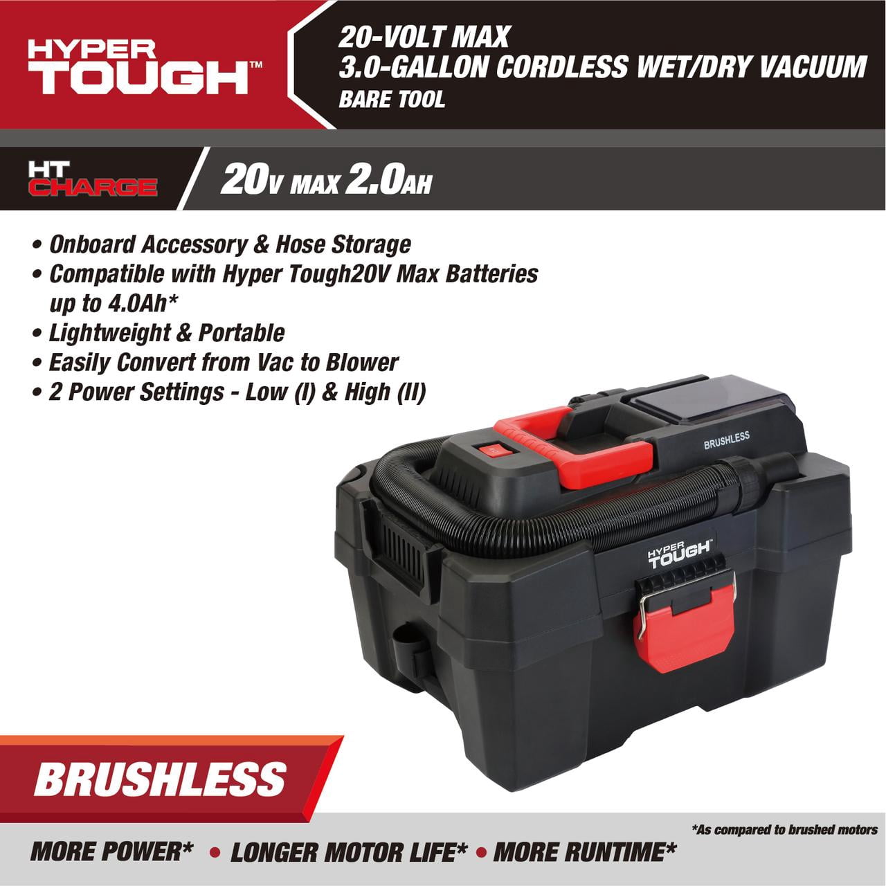 Hyper Tough 20V 3-gallon Wet Dry Vacuum Bare Tool