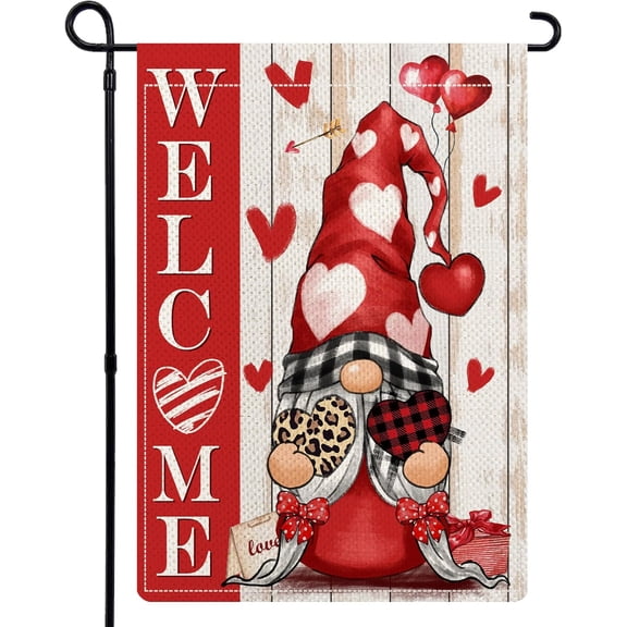 Valentines Day Gnome Garden Flags for Outside, Spring Love Valentines Garden Flags 12x18 Double Sided, Rustic Leopard Print Heart Holiday Lawn Flags, Spring Gnomes Decorations for Farmhouse