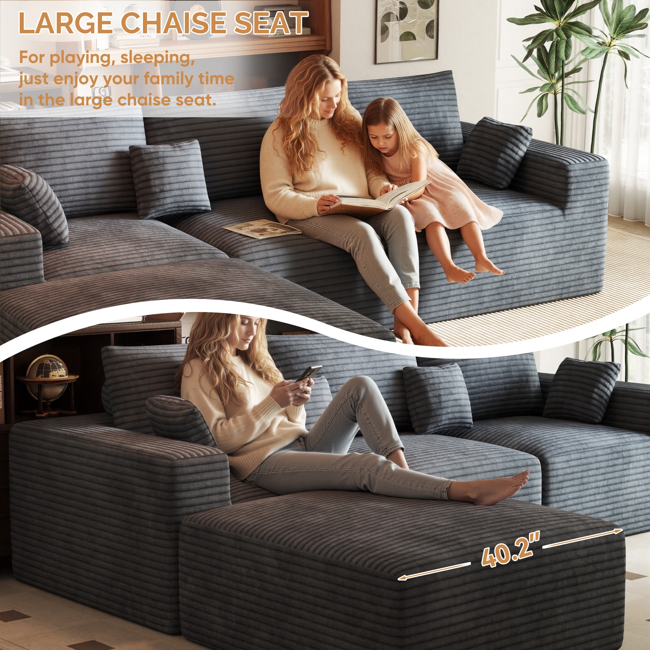 Daluvenix Modern Modular Sectional Sofa 113" L-Shaped Boneless Couch with Deep Seat Convertible Corduroy Cloud Couches for Living Room