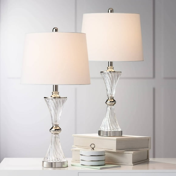 Regency Hill Luca Modern Table Lamps 25.5" High Set of 2 with USB Charging Port Glass Chrome Silver Metal White Fabric Drum Shade for Living Room Bedroom House Bedside Nightstand Home